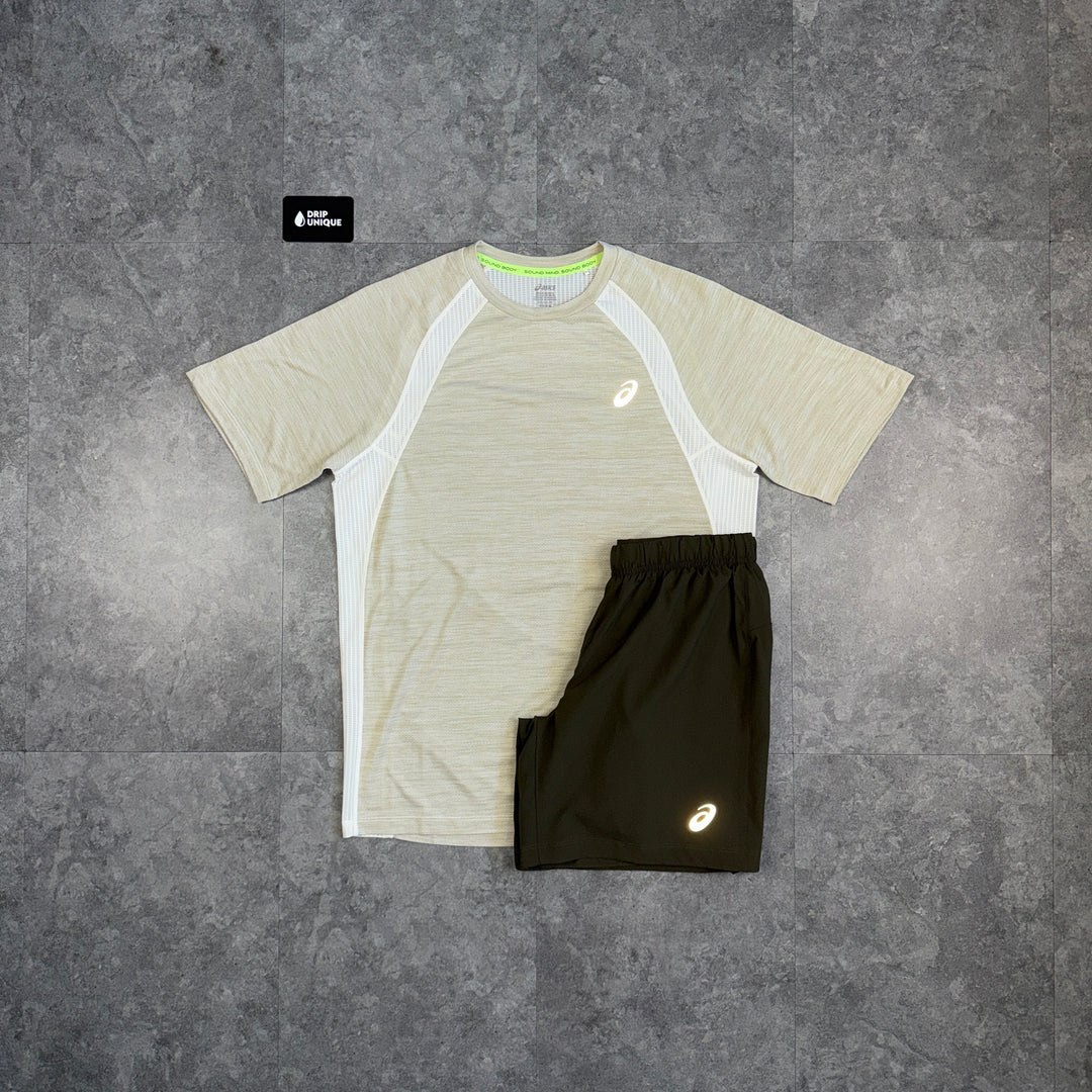 Asics Road T-Shirt Beige & Brown Core Shorts Set, asics set, dripuniqueuk