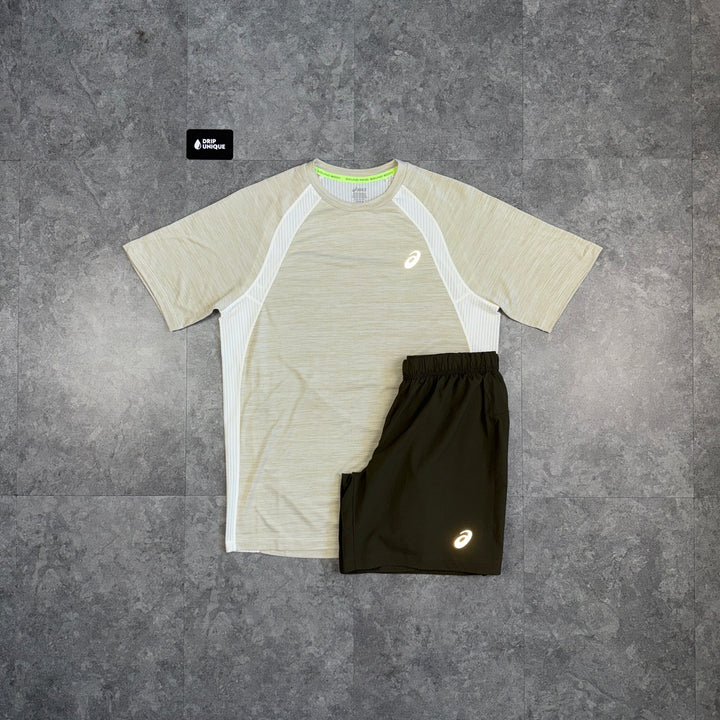 Asics Road T-Shirt Beige & Brown Core Shorts Set, asics set, dripuniqueuk