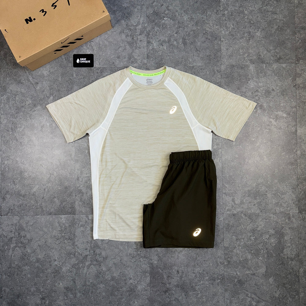Asics Road T-Shirt Beige & Brown Core Shorts Set, asics tshirt set, dripuniqueuk