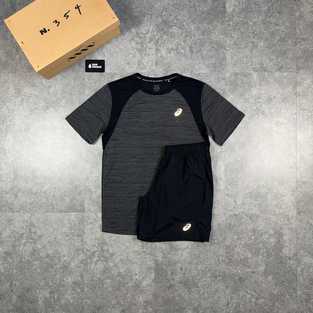 Asics Road T-Shirt Black & Black Core Shorts Set, asics road set, dripuniqueuk