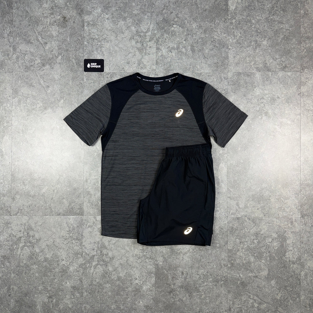 Asics Road T-Shirt Black & Black Core Shorts Set, asics set, dripuniqueuk