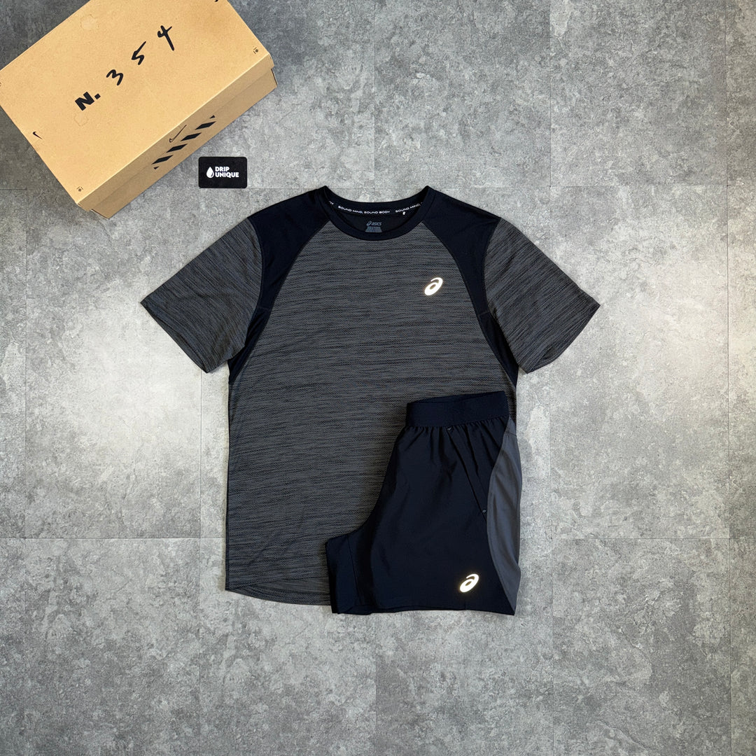 Asics Road T-Shirt Black & Black / Grey Road Shorts Set, asics road set, dripuniqueuk