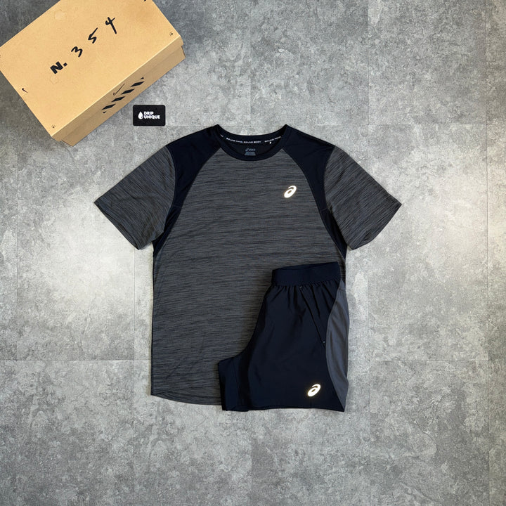 Asics Road T-Shirt Black & Black / Grey Road Shorts Set, asics road set, dripuniqueuk