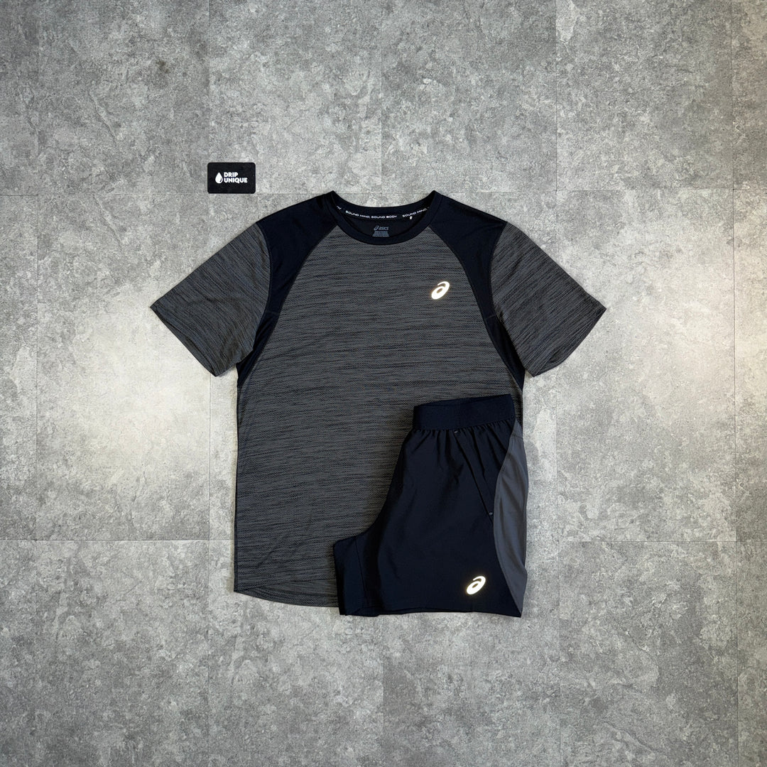 Asics Road T-Shirt Black & Black / Grey Road Shorts Set, asics set, dripuniqueuk