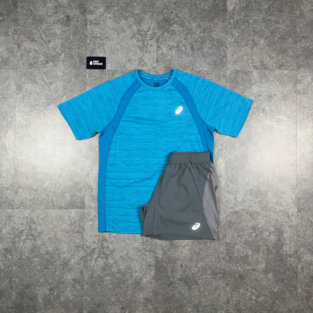 Asics Road T-Shirt Cyan Blue & Grey Core Shorts Set, asics set, dripuniqueuk
