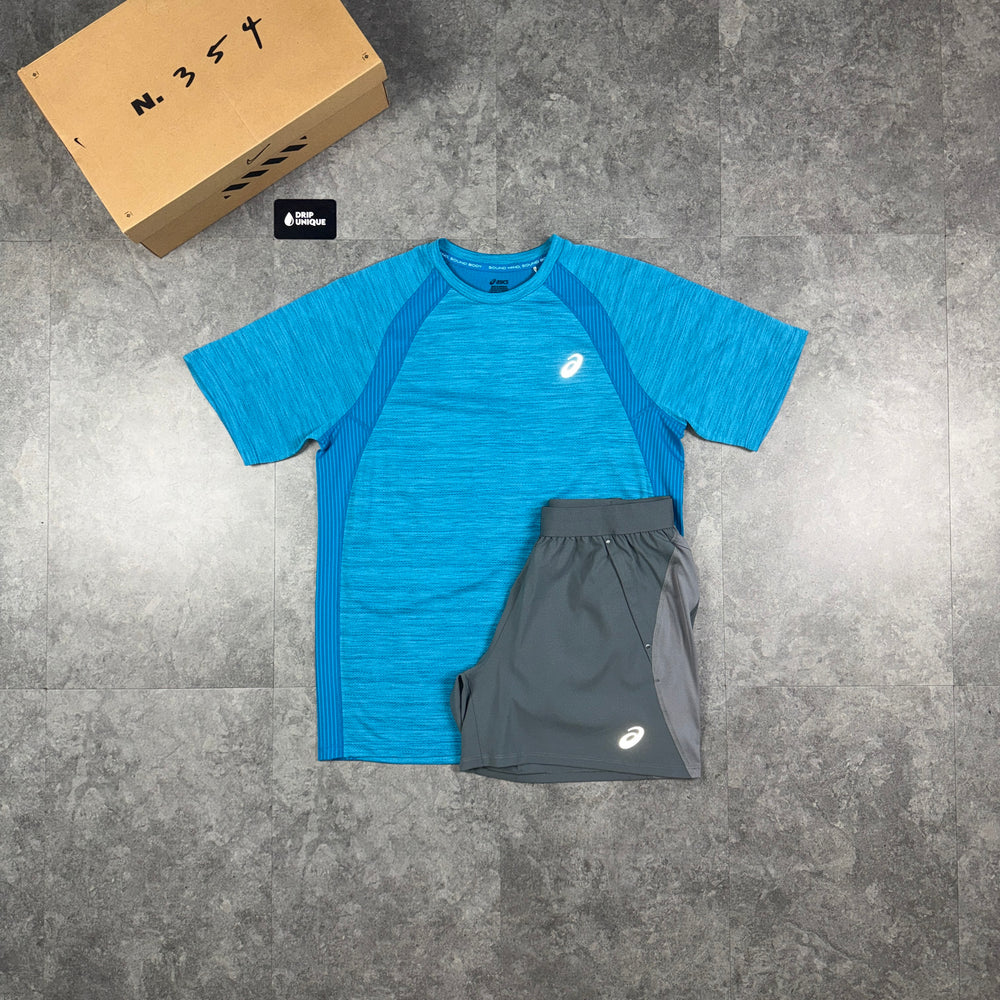 Asics Road T-Shirt Cyan Blue & Grey Core Shorts Set, asics tshirt set, dripuniqueuk