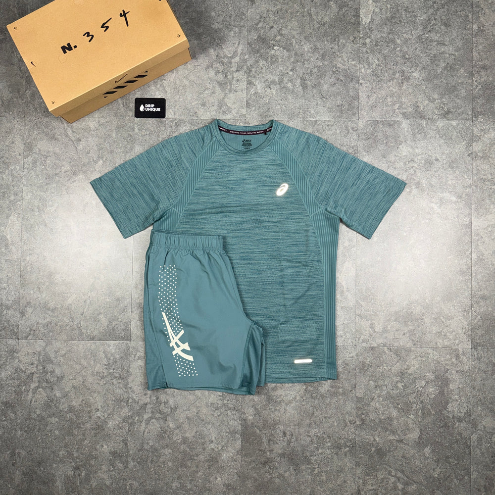 Asics Road T-Shirt Foggy Teal & Teal Icon Shorts Set, asics road set, dripuniqueuk