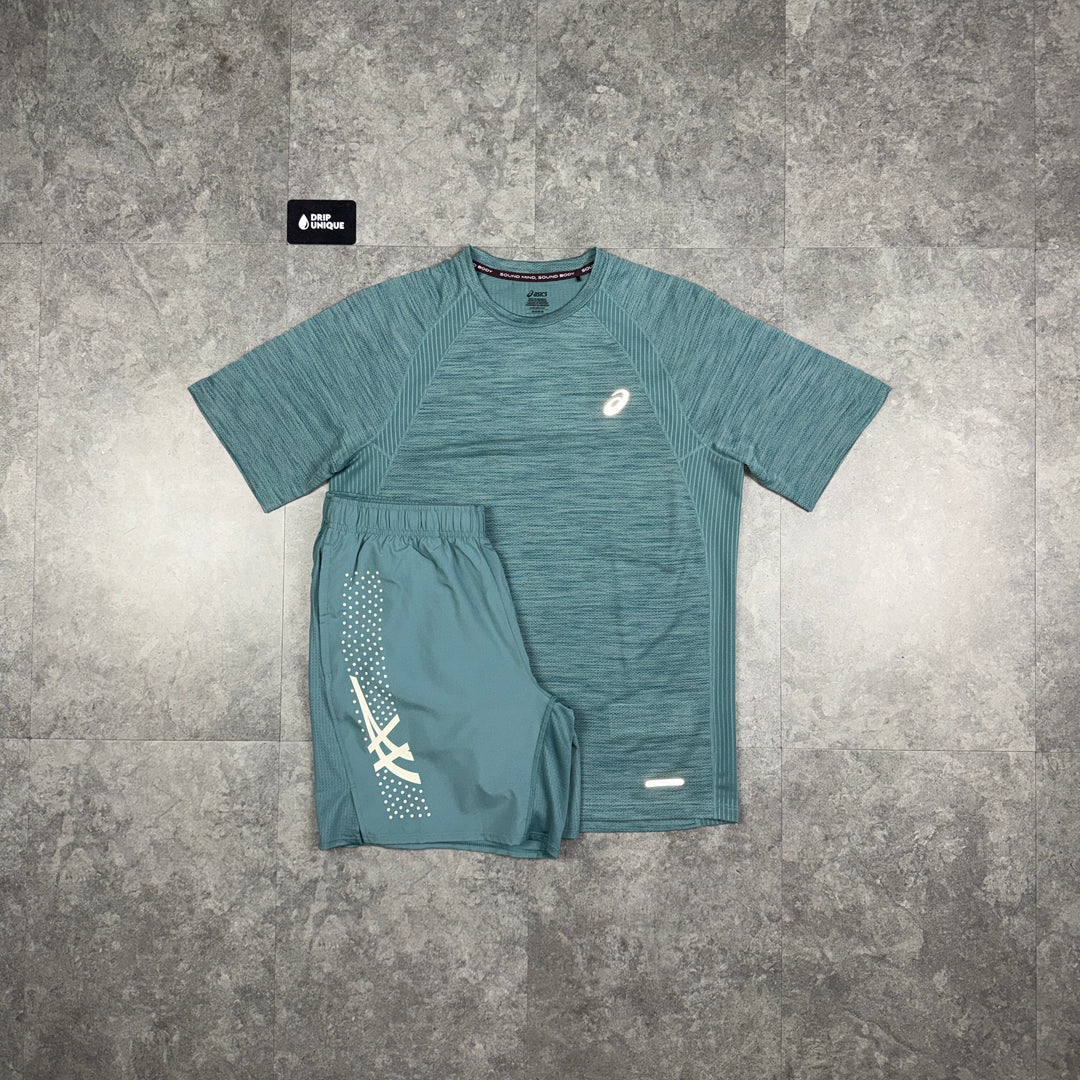 Asics Road T-Shirt Foggy Teal & Teal Icon Shorts Set, asics set, dripuniqueuk