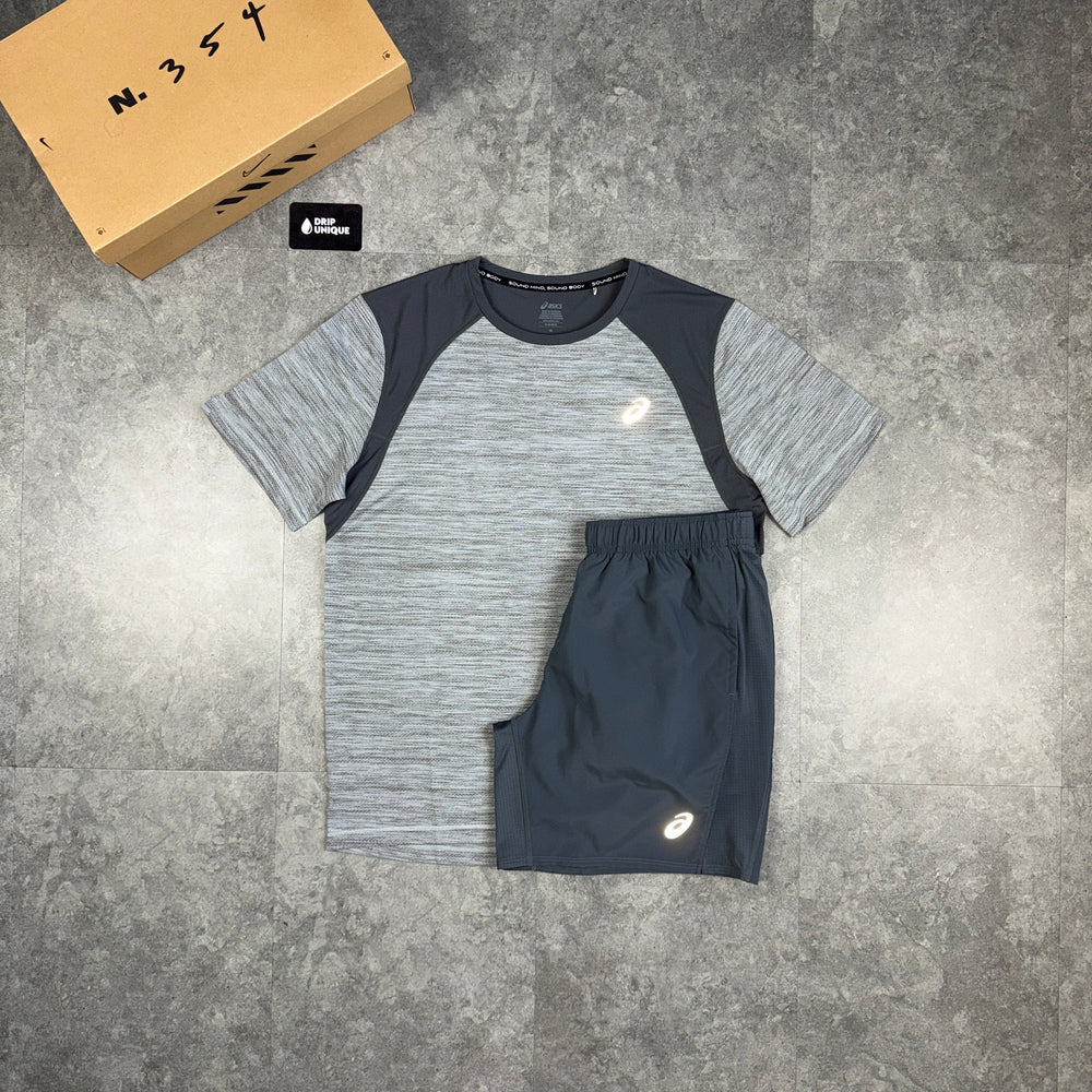 Asics Road T-Shirt Grey & Grey Core Shorts Set, asics road set, dripuniqueuk