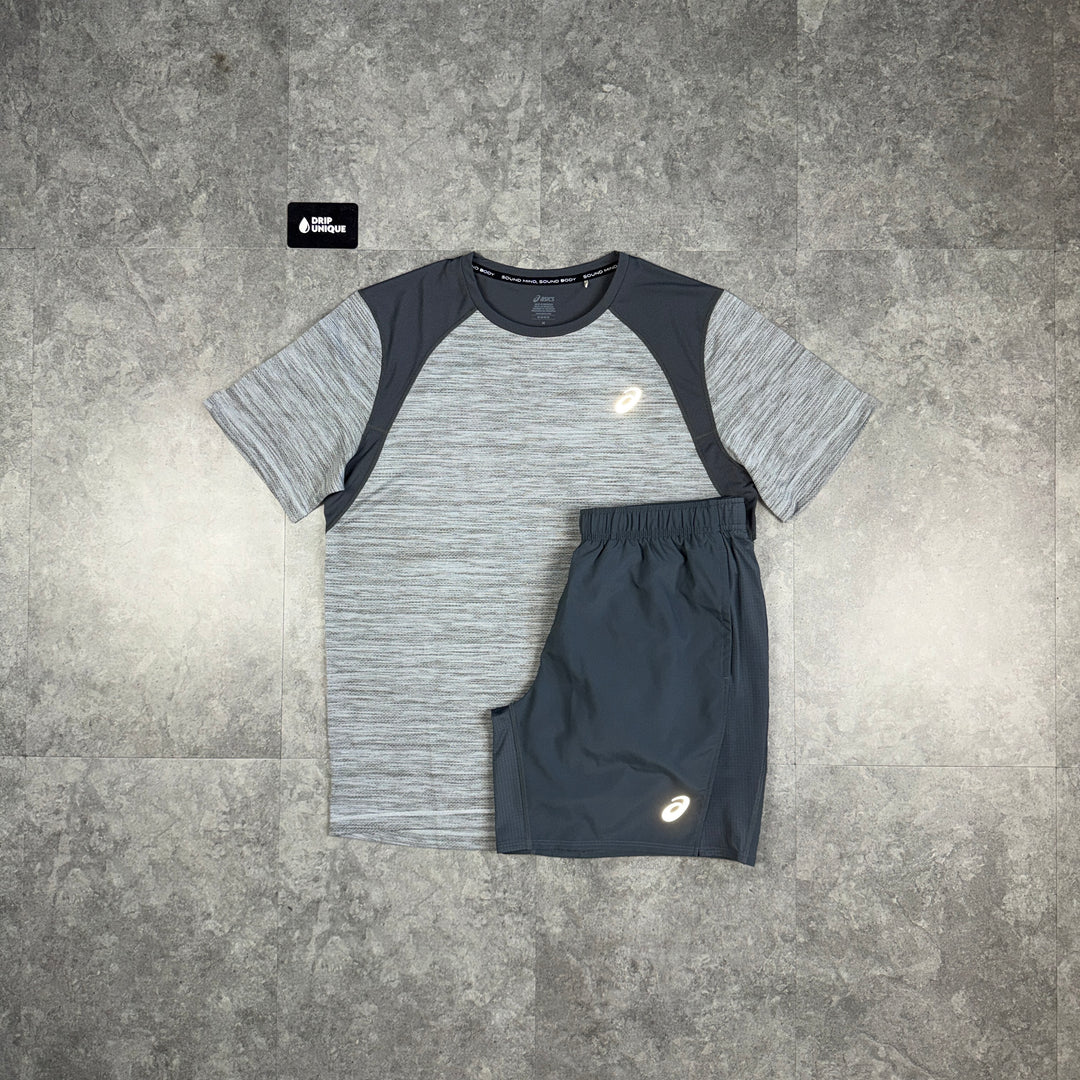 Asics Road T-Shirt Grey & Grey Core Shorts Set, asics set, dripuniqueuk