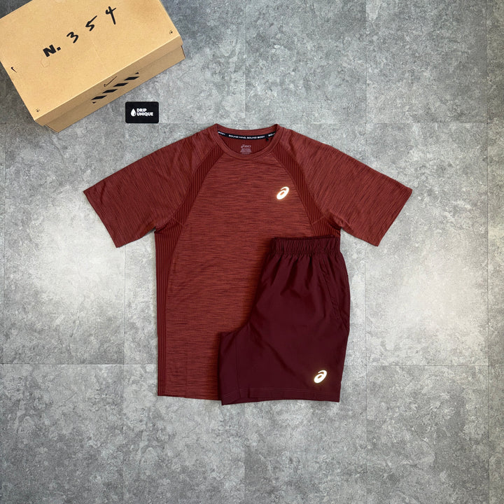 Asics Road T-Shirt Maroon & Maroon Core Shorts Set, asics road set, dripuniqueuk