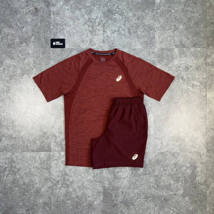 Asics Road T-Shirt Maroon & Maroon Core Shorts Set, asics set, dripuniqueuk