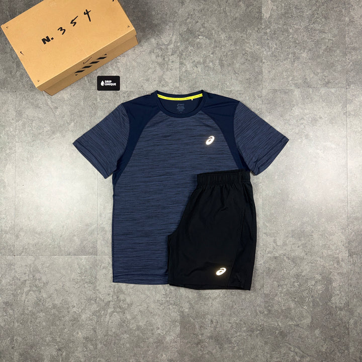 Asics Road T-Shirt Navy Blue & Black Core Shorts Set, asics road set, dripuniqueuk