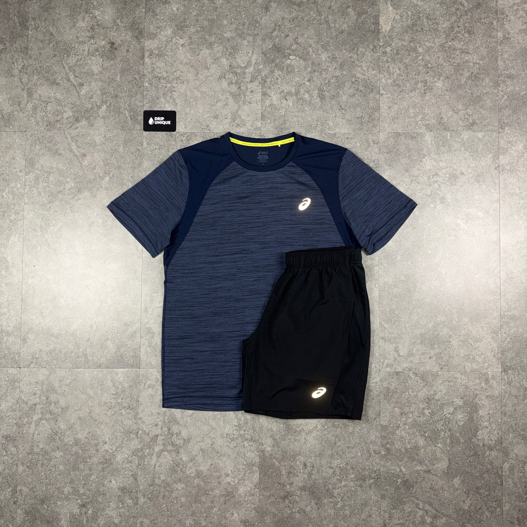Asics Road T-Shirt Navy Blue & Black Core Shorts Set, asics set, dripuniqueuk