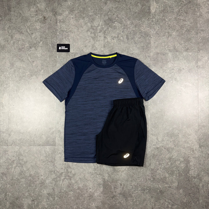Asics Road T-Shirt Navy Blue & Black Core Shorts Set, asics set, dripuniqueuk