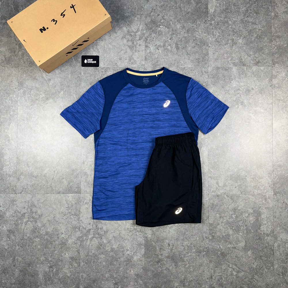 Asics Road T-Shirt Royal Blue & Black Core Shorts Set, asics road set, dripuniqueuk