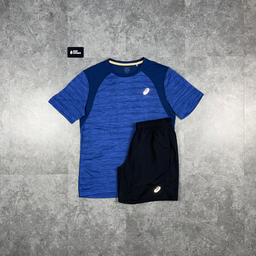 Asics Road T-Shirt Royal Blue & Black Core Shorts Set, asics set, dripuniqueuk
