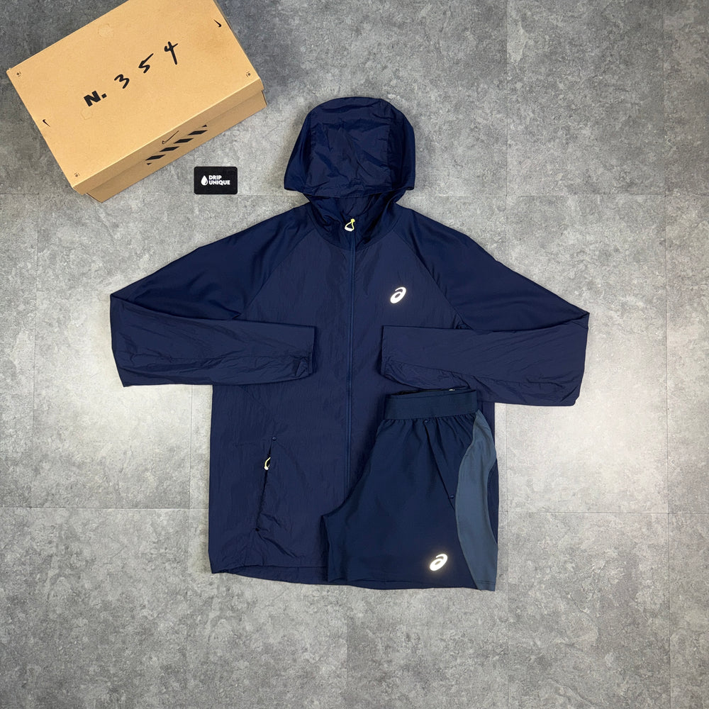 Asics Road Windrunner Jacket Midnight Navy & Navy Road Shorts Set, asics road set, dripuniqueuk