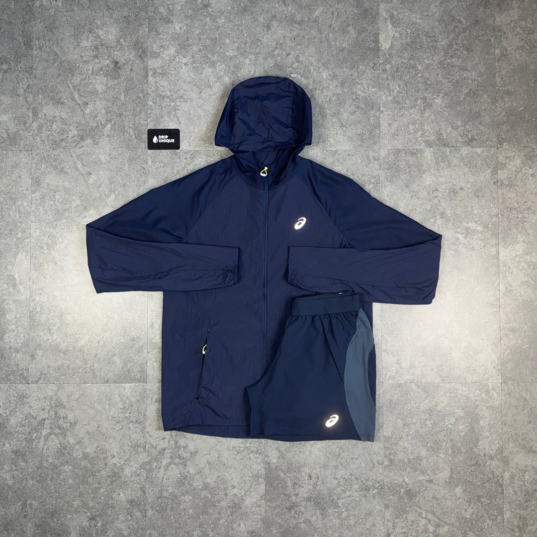 Asics Road Windrunner Jacket Midnight Navy & Navy Road Shorts Set, asics set, dripuniqueuk