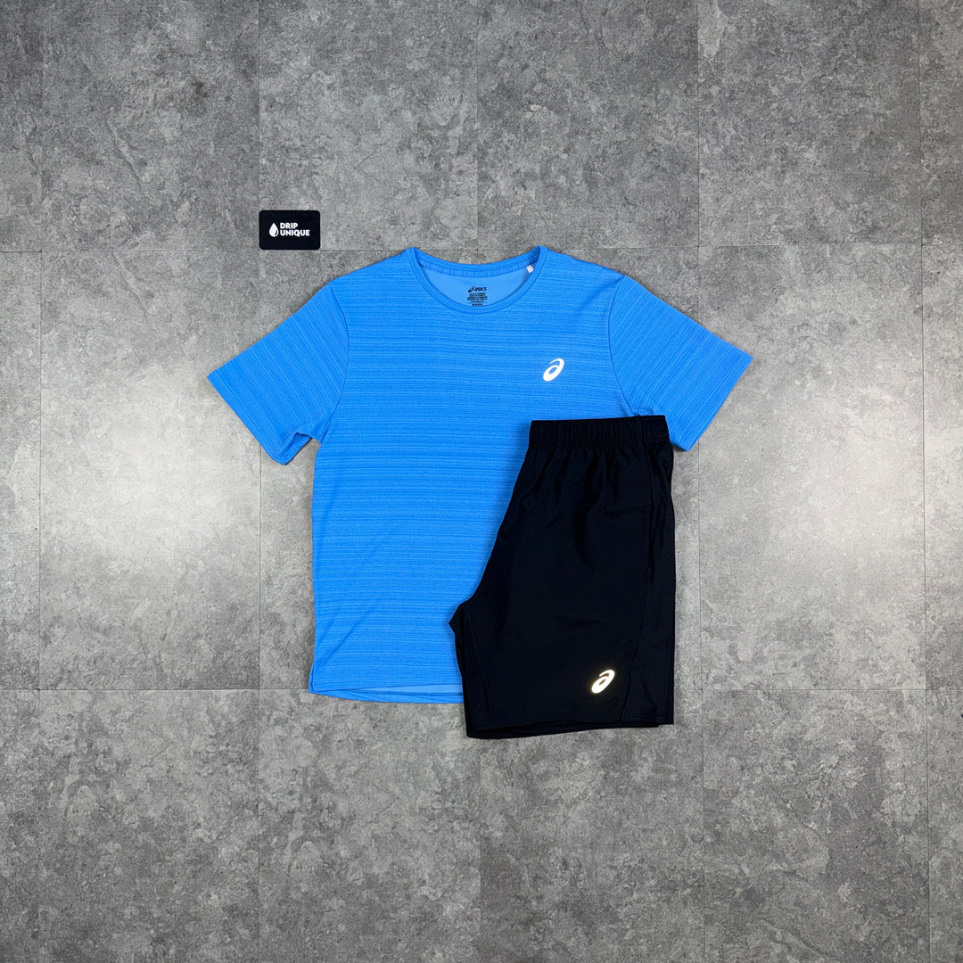 Asics Running Point T-Shirt Blue & Black Run Shorts Set, asics set, dripuniqueuk