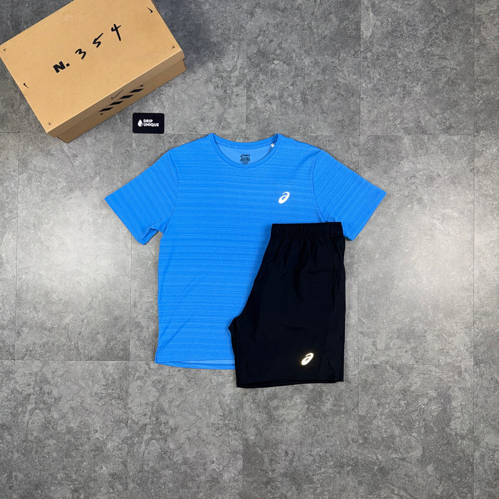 Asics Running Point T-Shirt Blue & Black Run Shorts Set, asics tshirt set, dripuniqueuk
