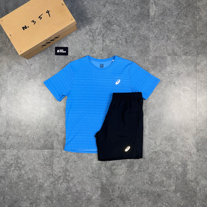 Asics Running Point T-Shirt Blue & Black Run Shorts Set, asics tshirt set, dripuniqueuk