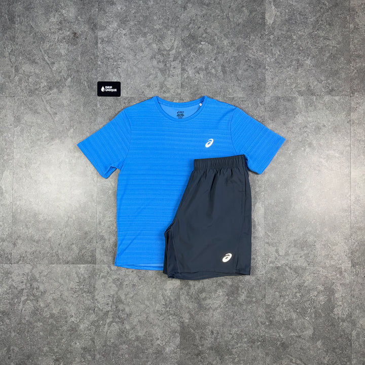 Asics Running Point T-Shirt Blue & Grey Run Shorts Set, asics set, dripuniqueuk