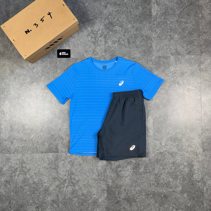 Asics Running Point T-Shirt Blue & Grey Run Shorts Set, asics tshirt set, dripuniqueuk