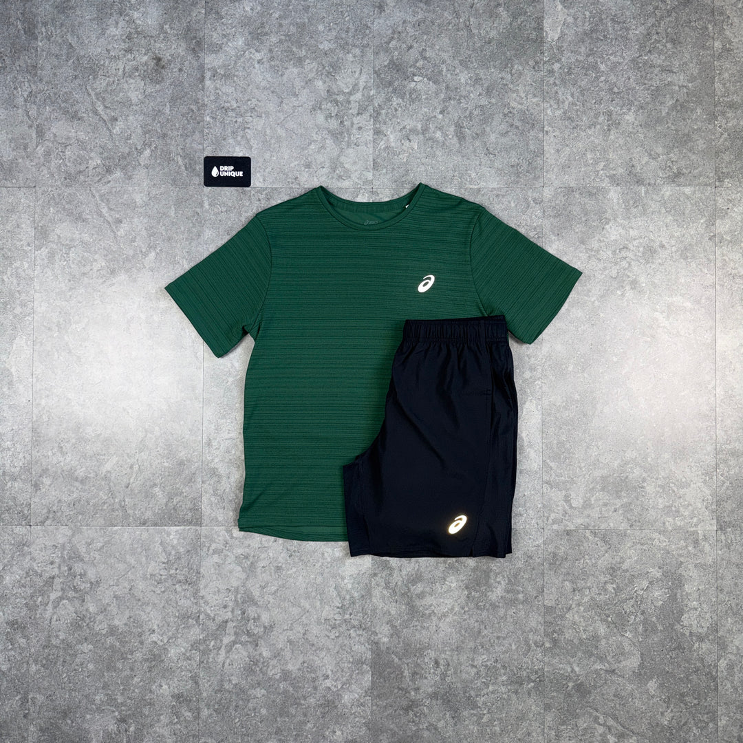 Asics Running Point T-Shirt Green & Black Run Shorts Set, asics set, dripuniqueuk