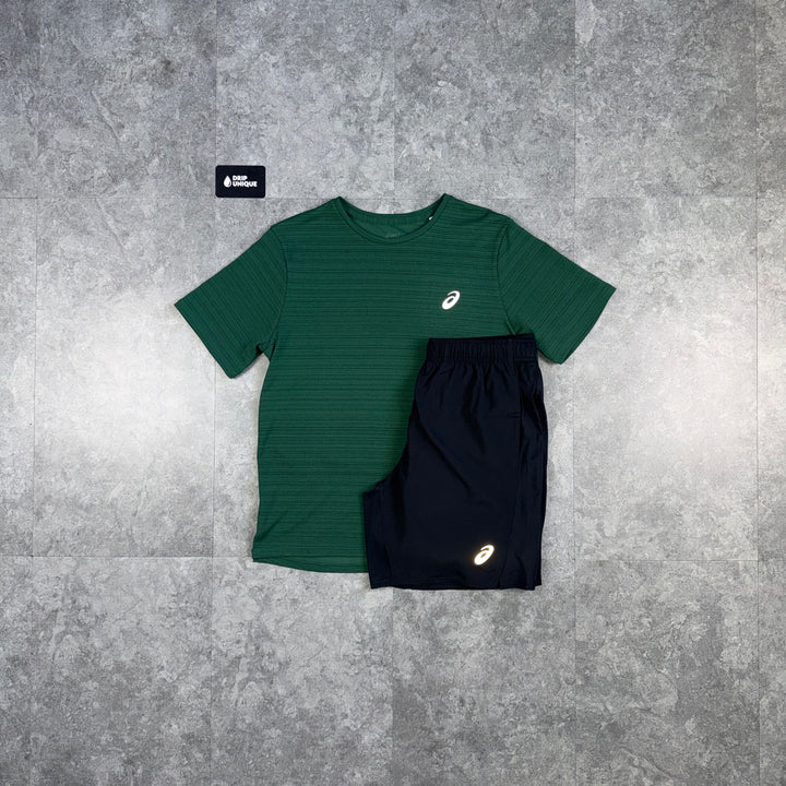 Asics Running Point T-Shirt Green & Black Run Shorts Set, asics set, dripuniqueuk