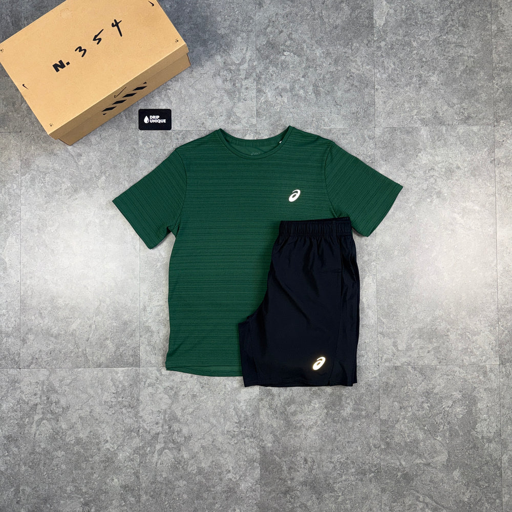 Asics Running Point T-Shirt Green & Black Run Shorts Set, asics tshirt set, dripuniqueuk