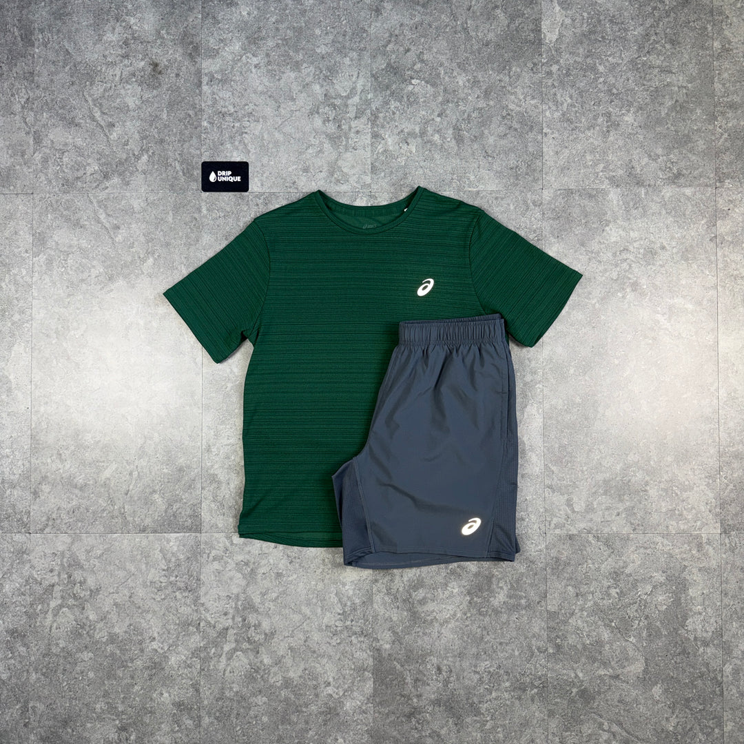 Asics Running Point T-Shirt Green & Grey Run Shorts Set, asics set, dripuniqueuk