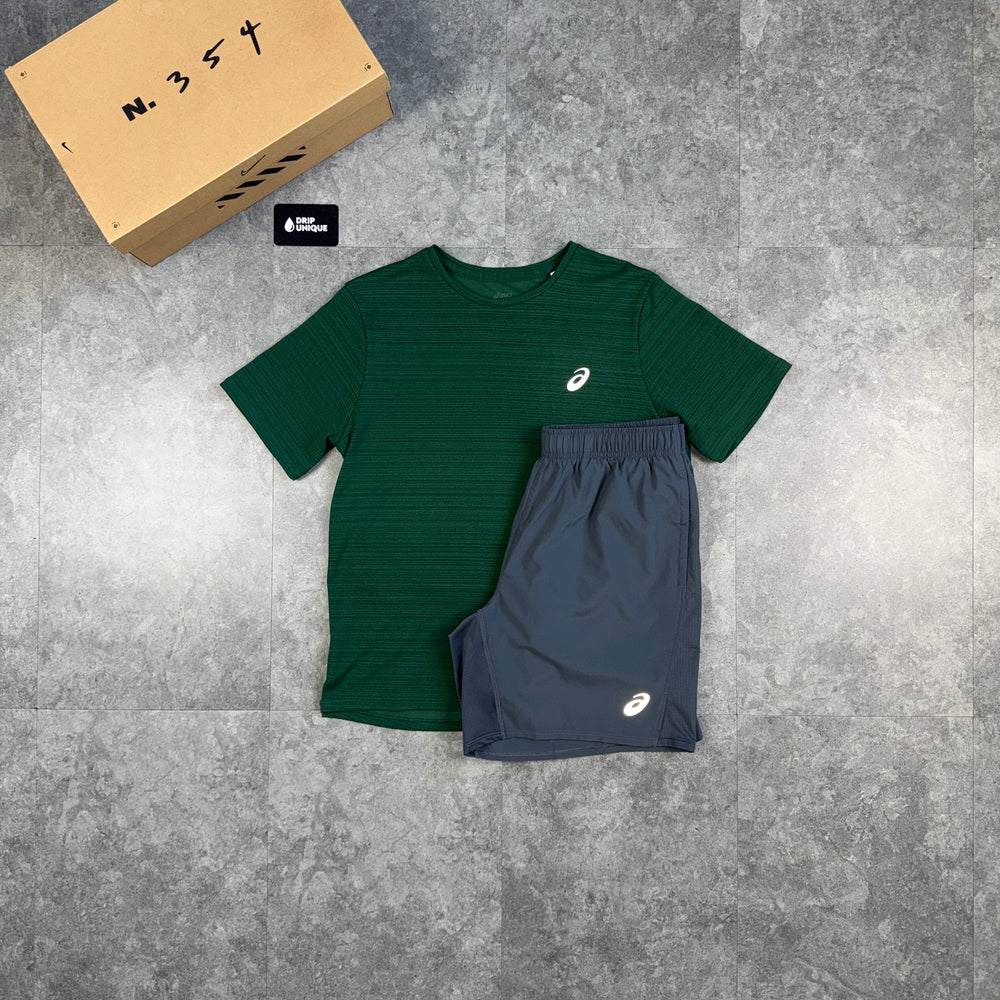 Asics Running Point T-Shirt Green & Grey Run Shorts Set, asics tshirt set dripuniqueuk