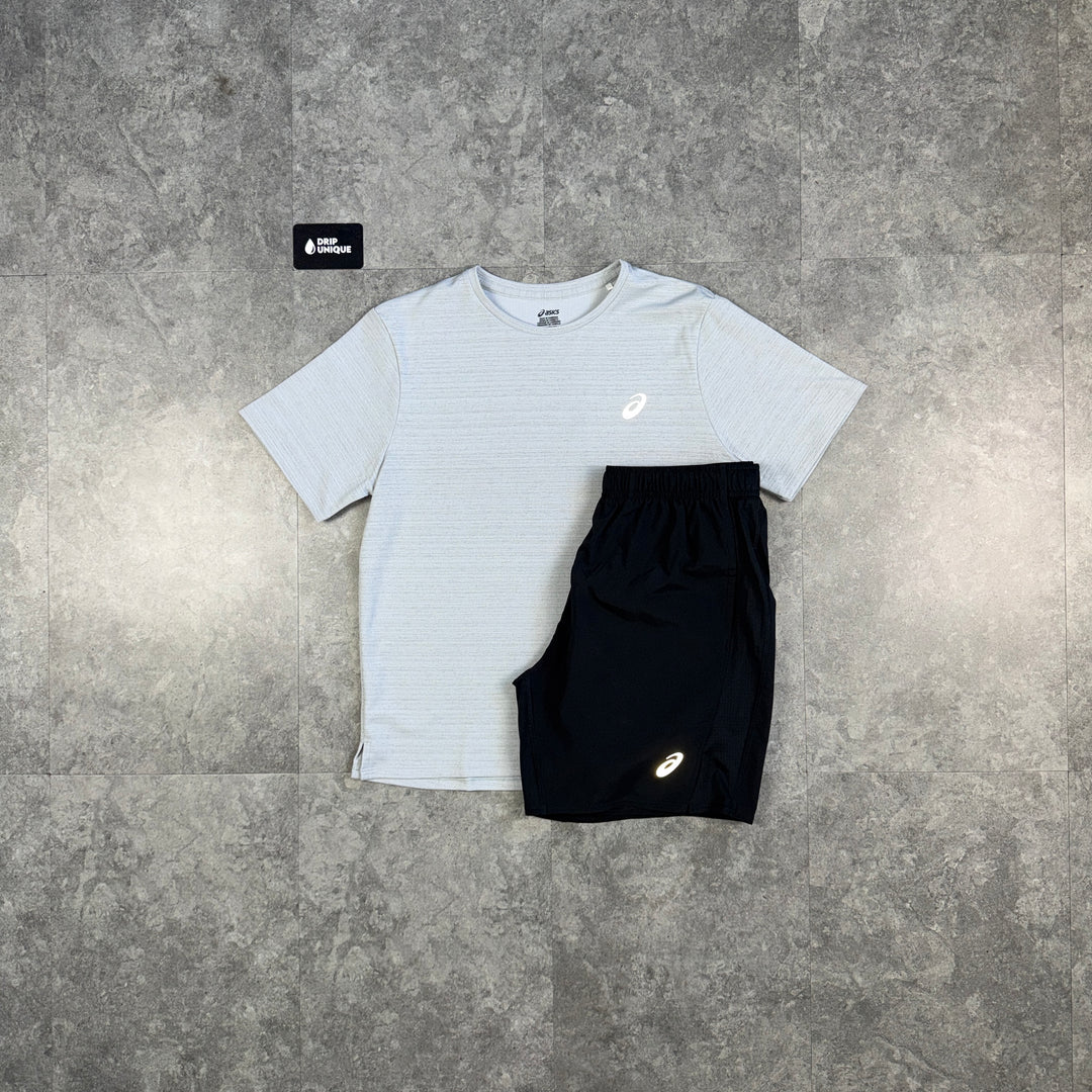 Asics Running Point T-Shirt Grey & Black Run Shorts Set, asics set, dripuniqueuk