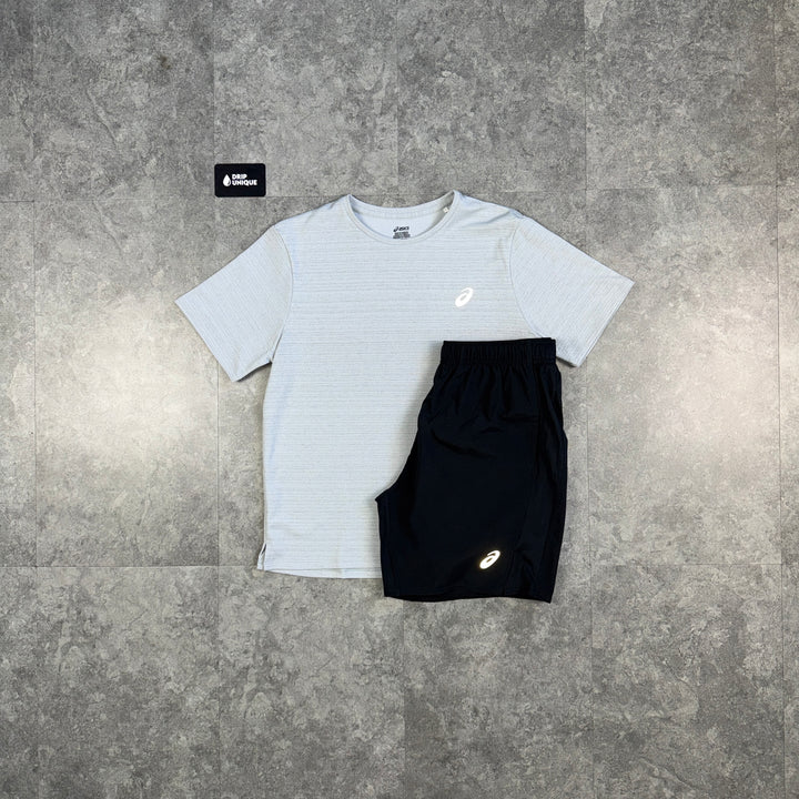 Asics Running Point T-Shirt Grey & Black Run Shorts Set, asics set, dripuniqueuk