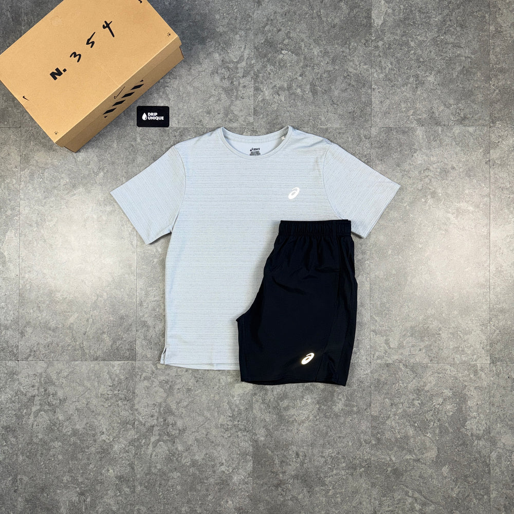 Asics Running Point T-Shirt Grey & Black Run Shorts Set, asics tshirt set, dripuniqueuk
