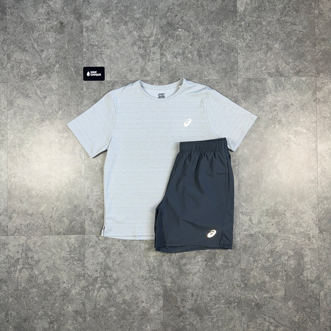Asics Running Point T-Shirt Grey & Grey Run Shorts Set, asics set, dripuniqueuk
