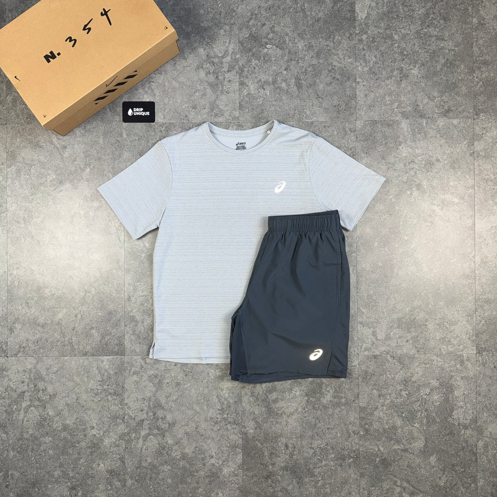 Asics Running Point T-Shirt Grey & Grey Run Shorts Set, asics tshirt set, dripuniqueuk