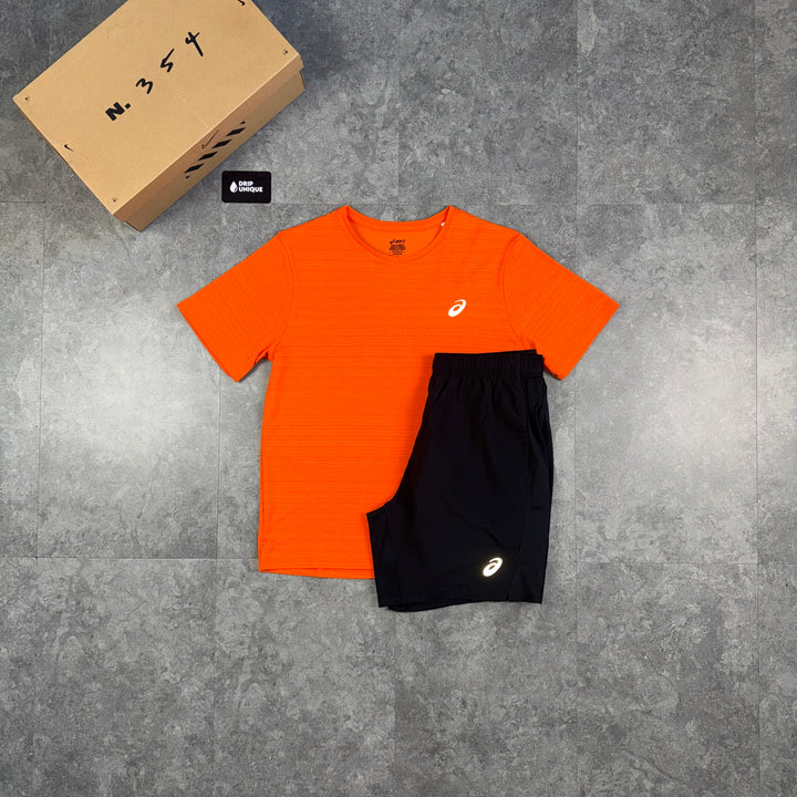Asics Running Point T-Shirt Orange & Black Run Shorts Set, asics set, dripuniqueuk