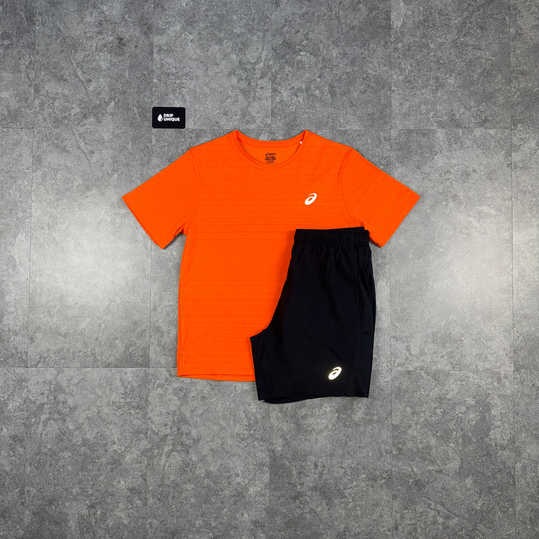 Asics Running Point T-Shirt Orange & Black Run Shorts Set, asics orange set, dripuniqueuk