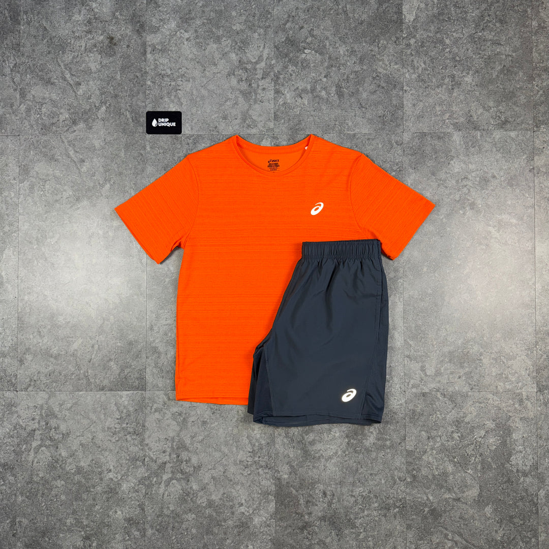 Asics Running Point T-Shirt Orange & Grey Run Shorts Set, asics set, dripuniqueuk