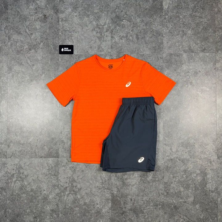 Asics Running Point T-Shirt Orange & Grey Run Shorts Set, asics set, dripuniqueuk