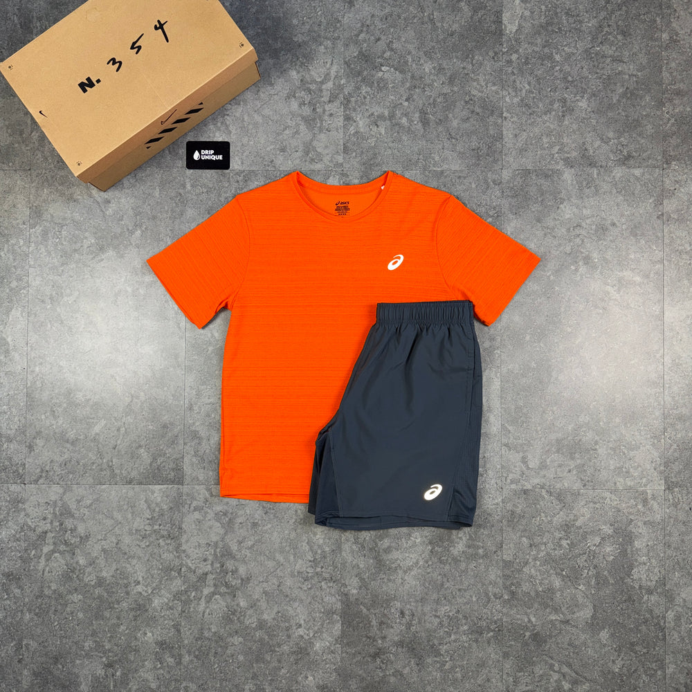 Asics Running Point T-Shirt Orange & Grey Run Shorts Set, asics tshirt set, dripuniqueuk