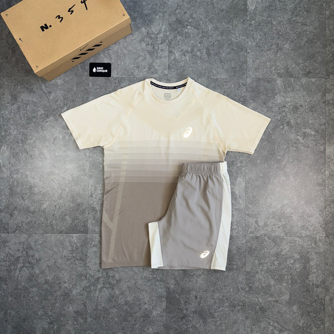 Asics Seamless Performance T-Shirt Beige & Beige Core Shorts Set, asics set, dripuniqueuk