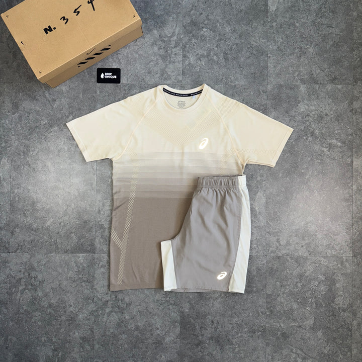Asics Seamless Performance T-Shirt Beige & Beige Core Shorts Set, asics set, dripuniqueuk