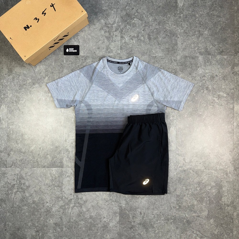 Asics Seamless Performance T-Shirt Black / Grey & Black Core Shorts Set, asics seamless set, dripuniqueuk