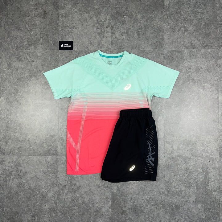 Asics Seamless Performance T-Shirt Coral & Black Icon Shorts Set, Asics Sets, dripuniqueuk