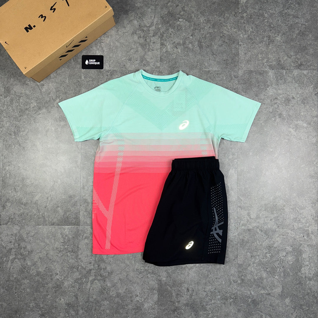 Asics Seamless Performance T-Shirt Coral & Black Icon Shorts Set, Asics Sets, dripuniqueuk 1