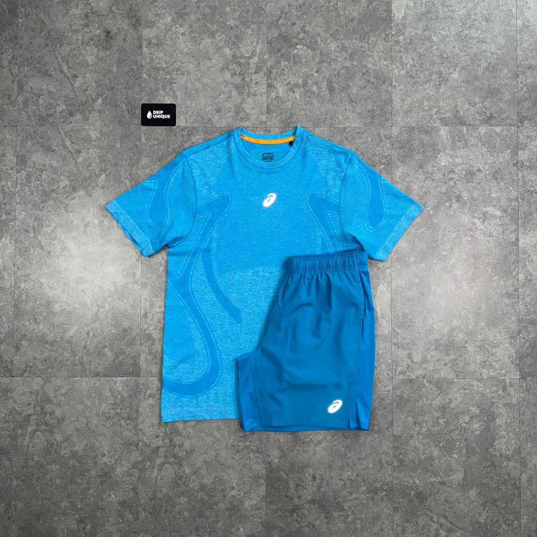 Asics Seamless T-Shirt Aegean Blue & Blue Core Shorts Set, asics set, dripuniqueuk