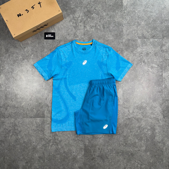 Asics Seamless T-Shirt Aegean Blue & Blue Core Shorts Set, asics tshirt set, dripuniqueuk